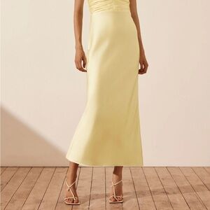 Pastel light yellow Shona Joy strapless bridesmaid dress